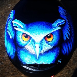 “Blue Owl” (Cookie G3 Helmet, Owner: Doug Stein, 2014) "This helmet is one of the first helmets I ever customized," Marissa says. "It has been a staple image on all of my marketing materials and is one of the most eye-catching designs I have done to date. On top of that, I gained a phenomenal friend out of this commission. I have painted 6 helmets for Doug, and he has become an amazing and supportive friend in the two years I’ve known him."