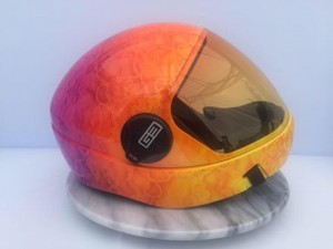 “Hawaiian Lace” (Cookie G3 Helmet, Display piece currently for sale, 2016) "This helmet is special to me because of the technique I used on it," says Marissa. "I have recently begun to experiment with lace fabric stencils on helmets. This G3 was the first successful attempt I had. It’s a reminder that I always want to keep pushing my limits and continue coming up with new techniques."